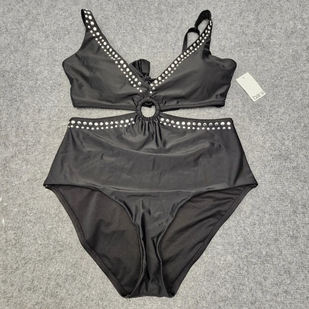 Bar III Monokini Swimsuit Womens XL Black Studded Cutout O-Ring One Piece New